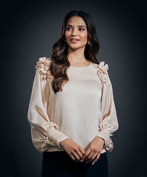 Sleeve Detailed Shoulder Frilled Long Sleeve Top-Beige