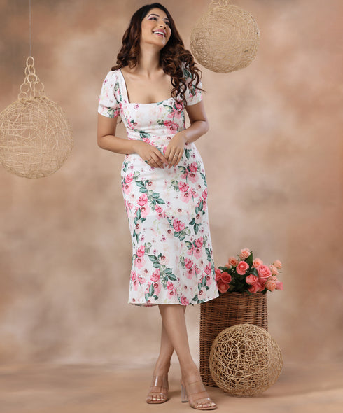 Square Neck Printed Midi Dress