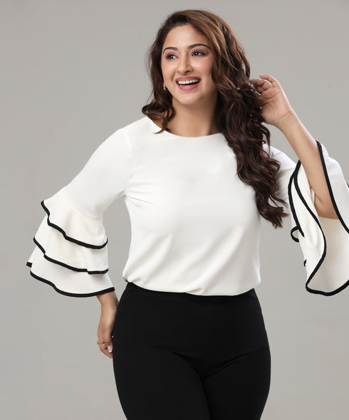 Sleeve Three Tiered Frilled Round Neck Top