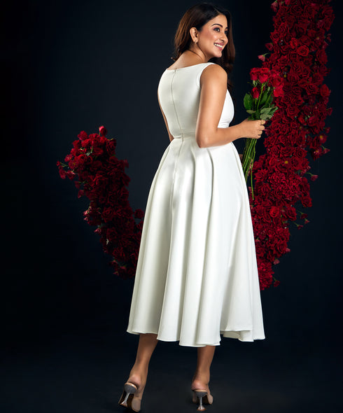 Waist less White Swing Midi Dress