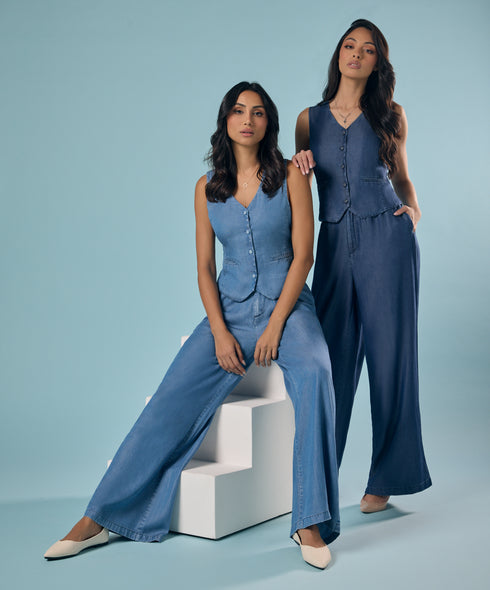 Flared Leg Washed Tencel Dark Blue Pant