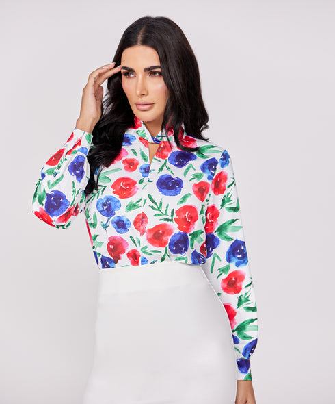 Neck Detailed Chiffon Printed Top