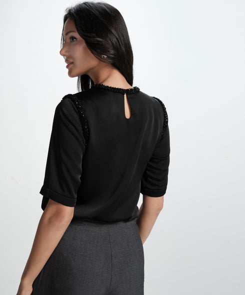 Neck And Arm Hole Beaded Chiffon Top-Black