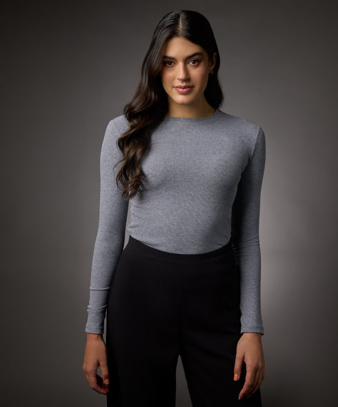 Long Sleeve Round Neck Rib Top- Light Grey