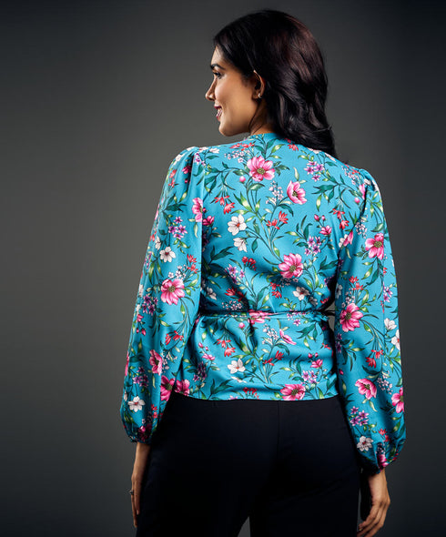 Sleeve Detailed Printed Waist Tie Top