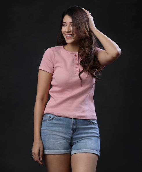 Front Buttoned Pink Rib Tshirt