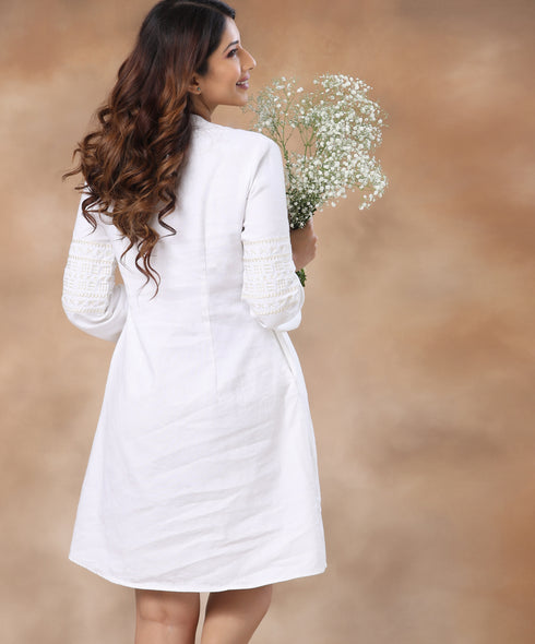Pintuck Embroidered Linen White Dress