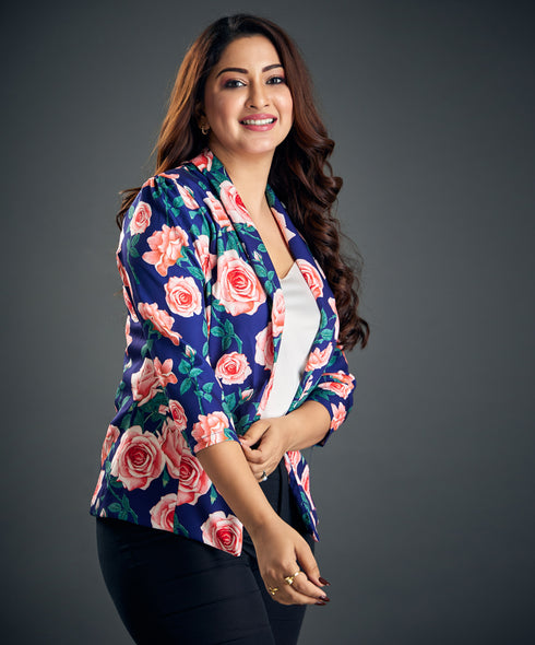 Bold Pink Rose Printed Floral Blazer