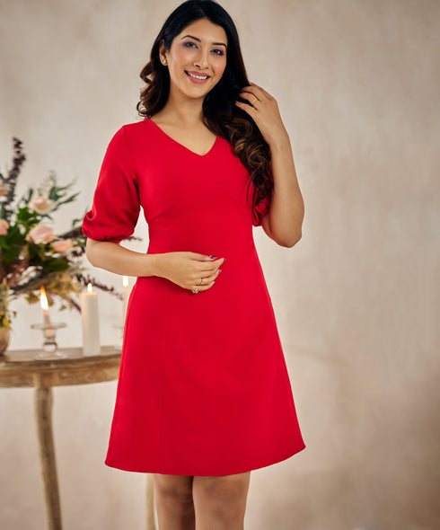 Sleeve Embroidered Red Dress