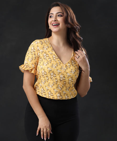 Vneck Flared Sleeve Yellow Top