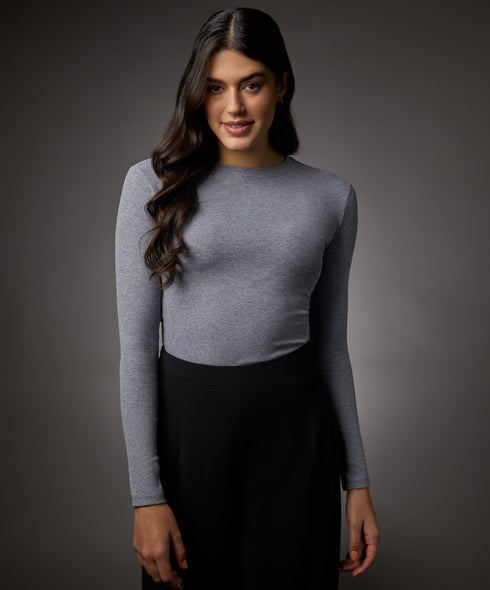 Long Sleeve Round Neck Rib Top- Light Grey