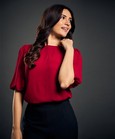 Sleeve Gathered Crepe Red Top