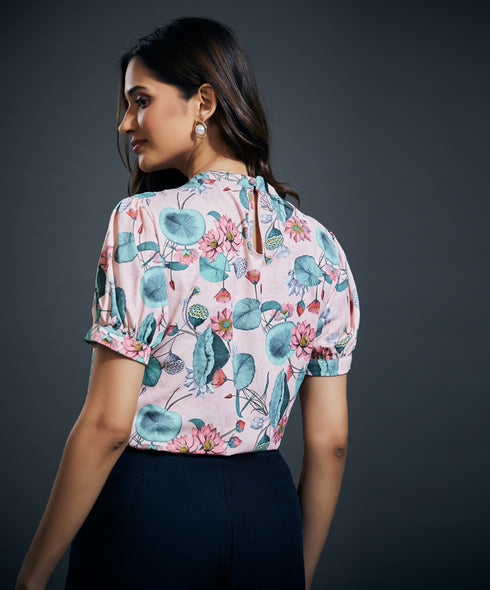 Puffy Printed Sleeve High Neck Top