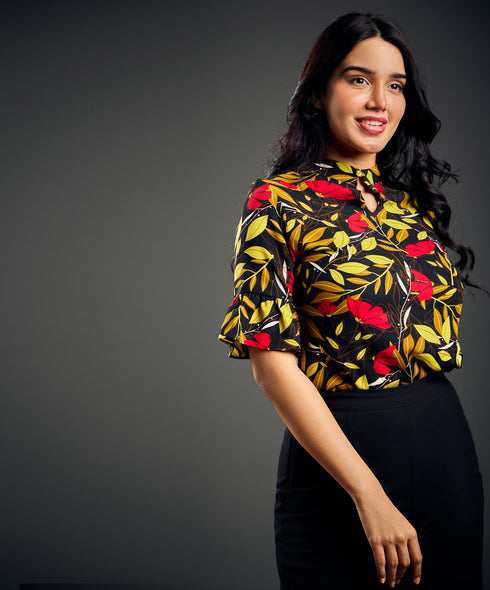 Mock-Neck Ruffle Cuff Print Top