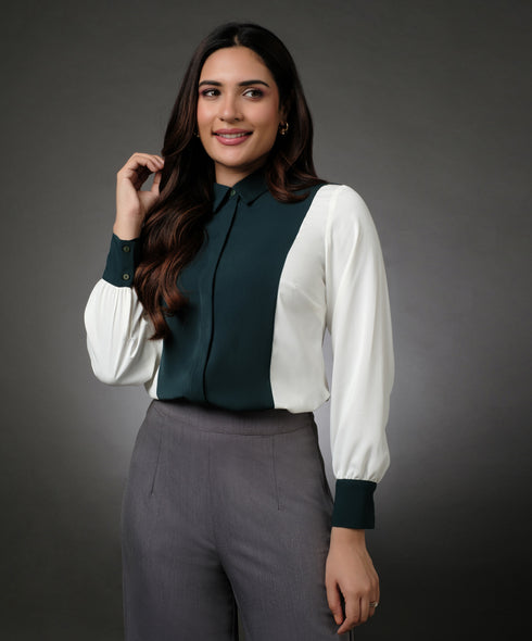White And Green Contrast Paneled Shirt