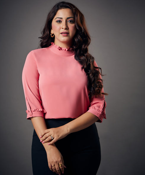 Neck And Sleeve Frilled Pink Top
