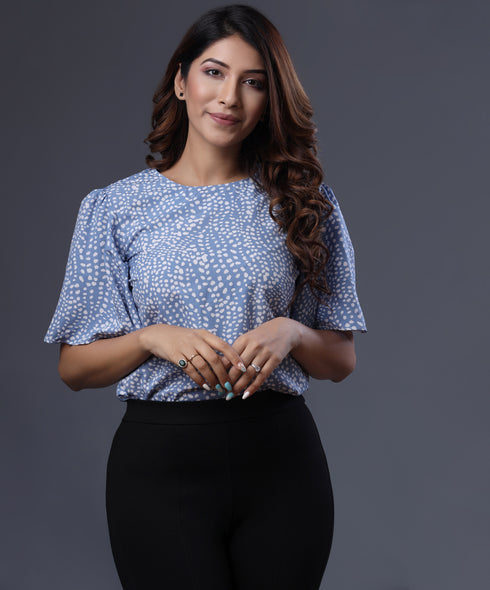 Keyhole Back Flutter Sleeve Blue Top