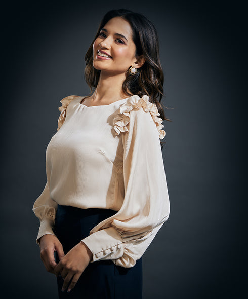 Sleeve Detailed Shoulder Frilled Long Sleeve Top-Beige