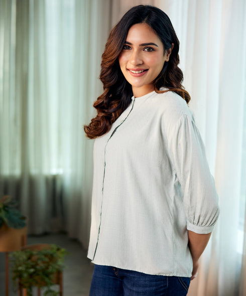 Subtle Puffed Sleeve Mint Cotton Top