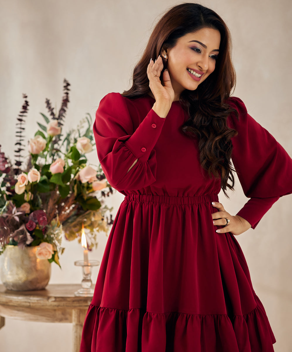 Maroon Solid Shoulder Straps Mini Dress main image 0