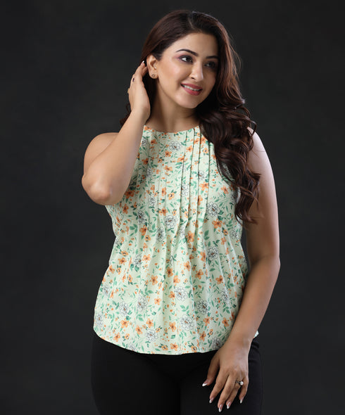 Round Neck Sleeveless Printed Green Top