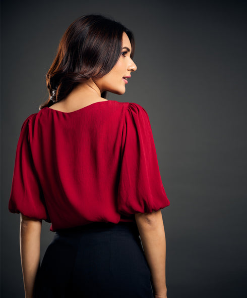 Sleeve Gathered Crepe Red Top