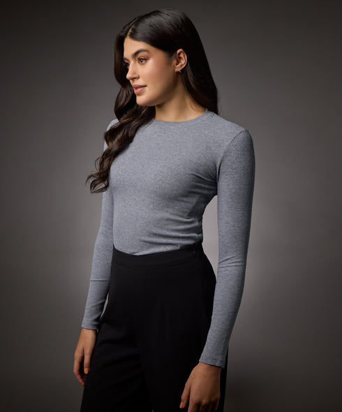 Long Sleeve Round Neck Rib Top- Light Grey