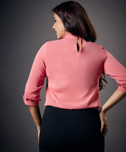 Neck And Sleeve Frilled Pink Top