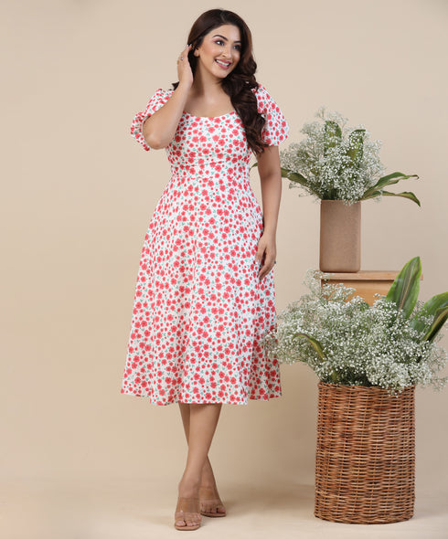 Curve Neck Puffed Sleeve Midi Dress