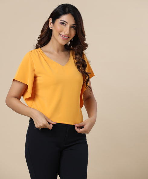 Flutter Sleeve Vneck Chiffon Mustard Top