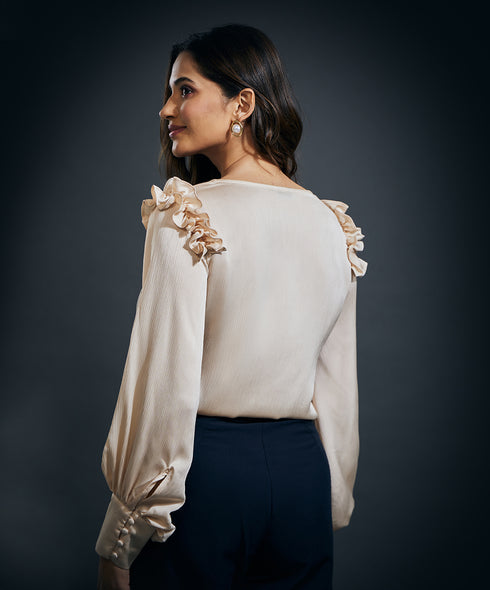 Sleeve Detailed Shoulder Frilled Long Sleeve Top-Beige