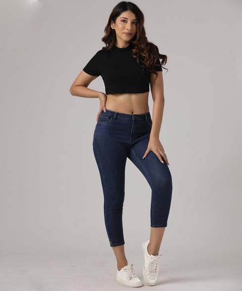 Dark Blue Calf Length Slit Jean