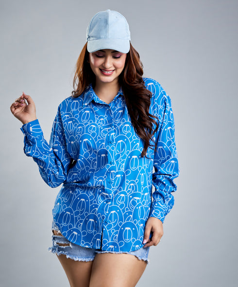Oversized Chiffon Blue Bear Printed Shirt