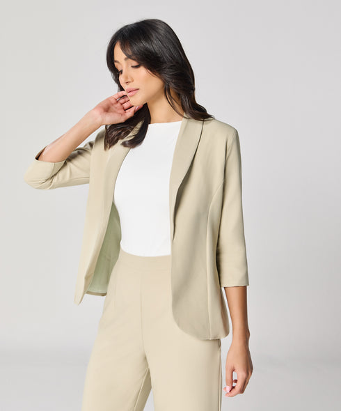 Curved Label Collared Classic Jacket- Beige