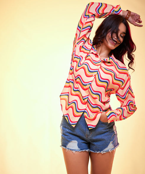 Oversized chiffon colored waves printed shirt