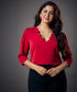 Neck Scalloped Half Sleeve Red Top