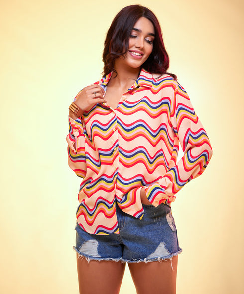 Oversized chiffon colored waves printed shirt