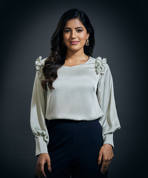 Sleeve Detailed Shoulder Frilled Long Sleeve Top-Lime