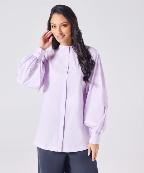 Mandarin  Collar Cotton Oversized Shirt- Lavender