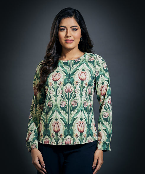 Scoop Neck Long Sleeve Printed Top