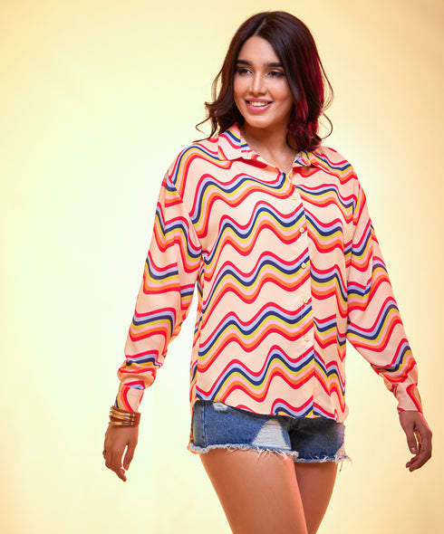 Oversized chiffon colored waves printed shirt