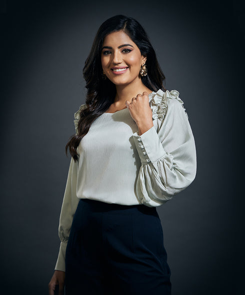 Sleeve Detailed Shoulder Frilled Long Sleeve Top-Lime