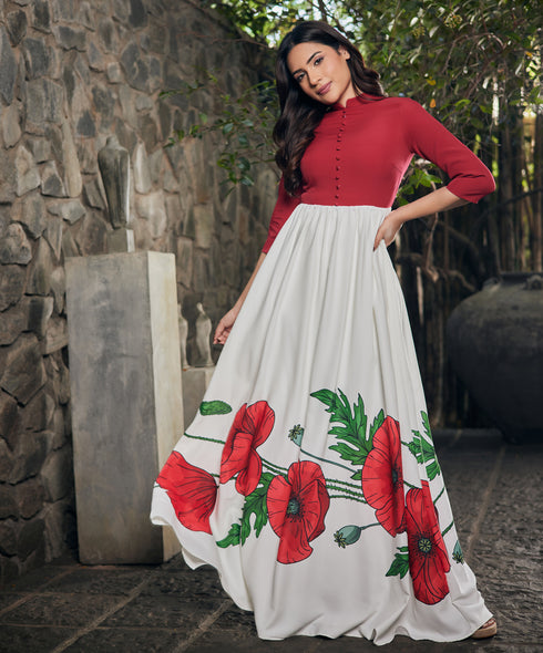 Two Tone Border Printed Maxi Dress