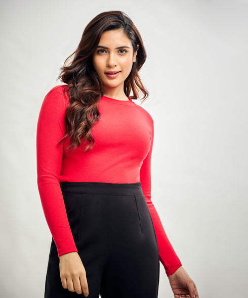 Long Sleeve Round Neck Rib Top- Red