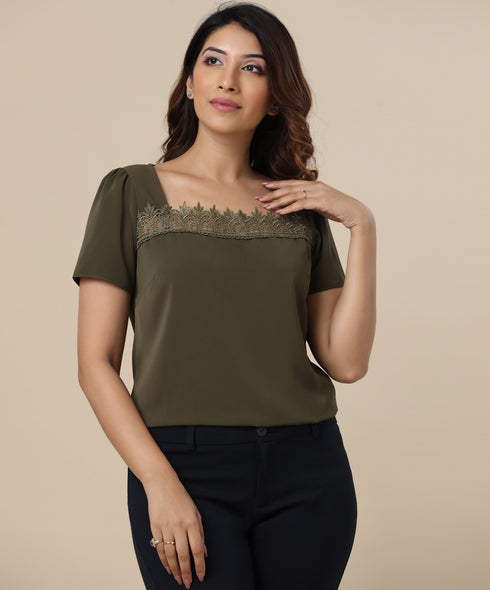 Square Neck Trim Detailed Khaki Top