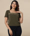 Square Neck Trim Detailed Khaki Top