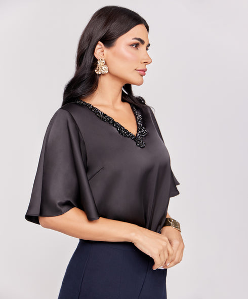 Trim Attached Long Sleeve Black Top