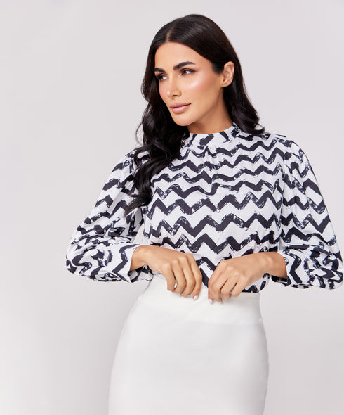 Sleeve Detailed Black & White Chiffon Top