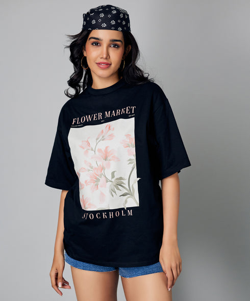 Oversize Black Floral Print Tshirt