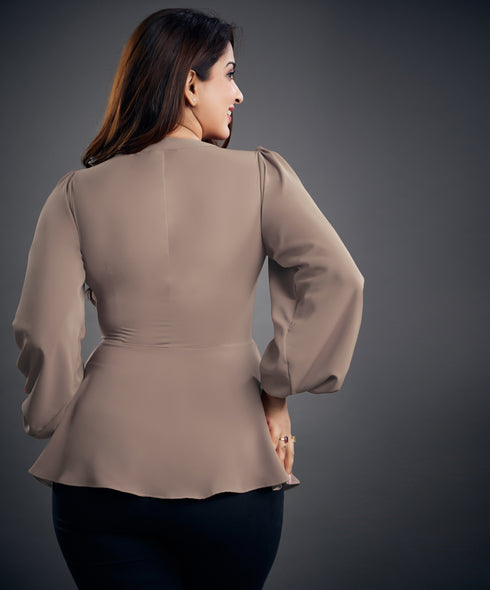 Brown Vneck Front Slit Hem Blouse